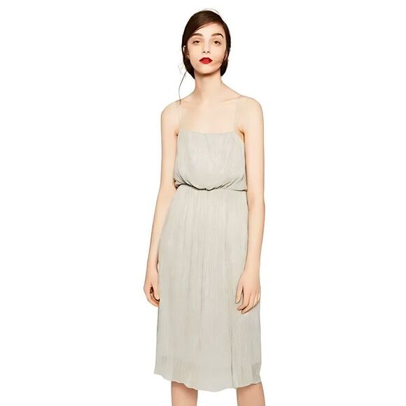 Like New Zara Iridescent Champagne Shimmer Delicate Strappy Midi Dress - Picture 1 of 12